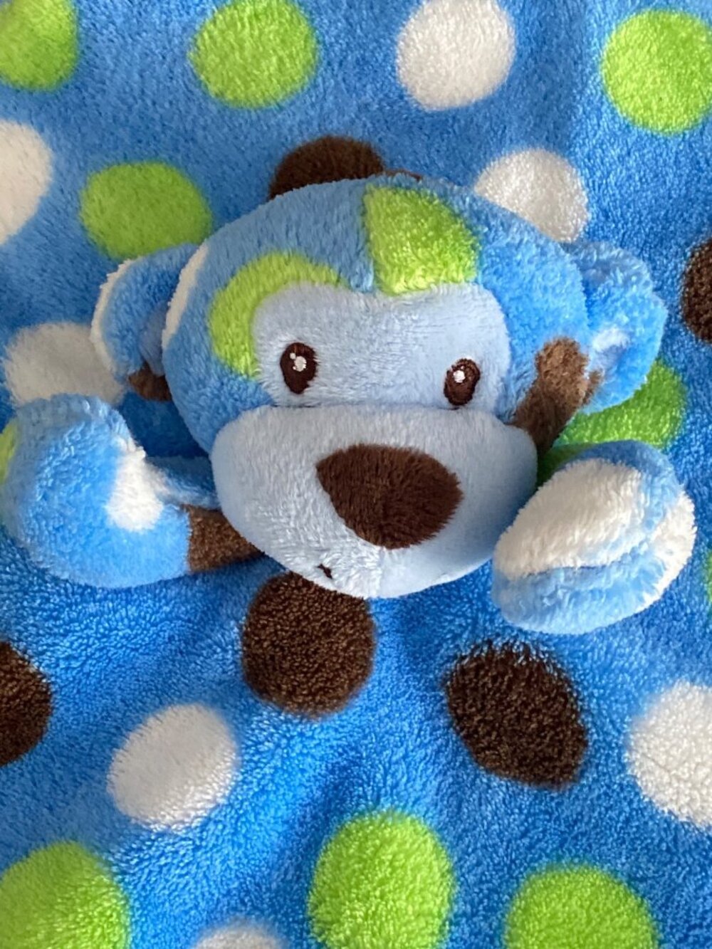 Baby Essentials Lovey Blue Monkey Plush Brown Green Dot Fleece Security Blanket